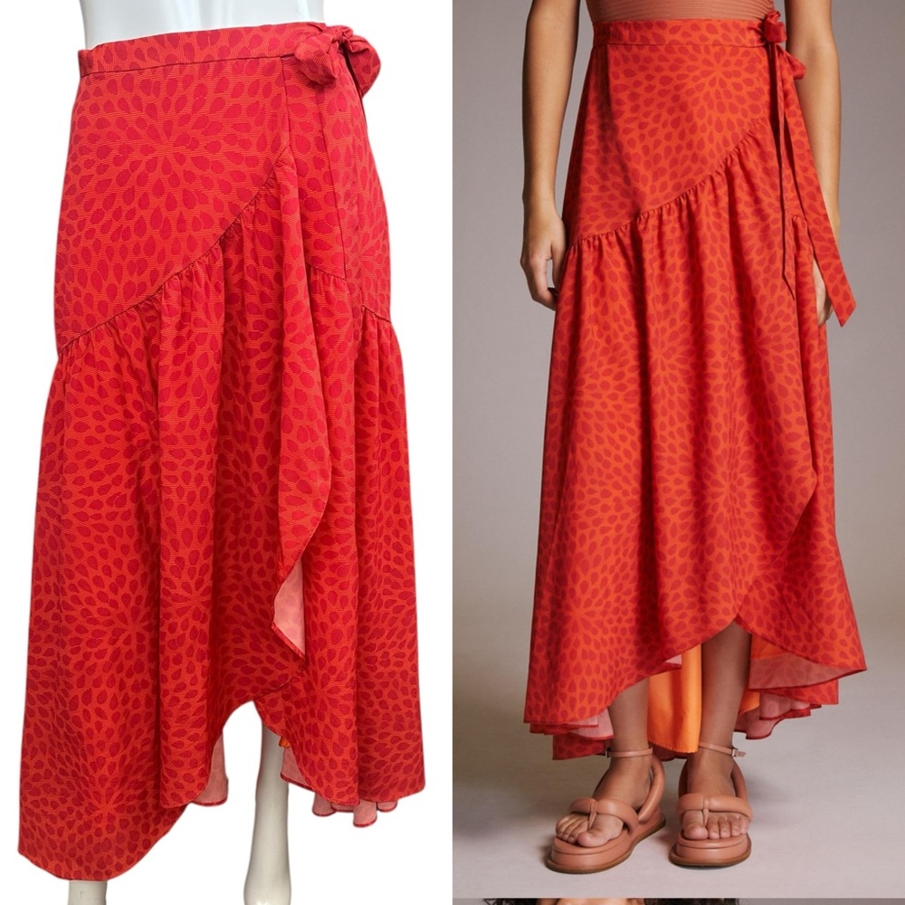Anthropologie Hutch Orange & Red Flowy Asymmetrical Hem Maxi Wrap Skirt Size XS